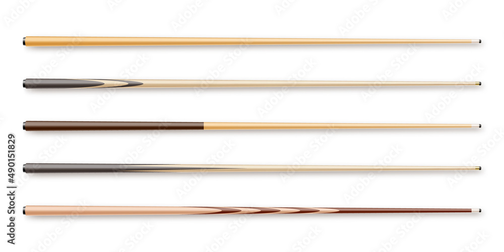 Various wooden billiard cues isolated on white background. Snooker sports equipment. Vintage pool cue. Active recreation and entertainment. Vector illustration Various wooden billiard cues isolated on white background. Snooker sports equipment. Vintage pool cue. Active recreation and entertainment. Vector illustration