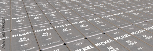 The highest standard nickel bullions. Lots of ingots of 999.9 Fine Nickel lie in a row. Background. 3D illustration