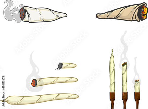 Cartoon Marijuana Cannabis Cigarettes. Vector Collection Set Isolated On White Background