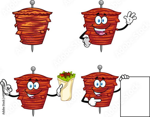 Kebab On Skewer Grilling Meat Cartoon Character Series. Vector Collection Set Isolated On White Background