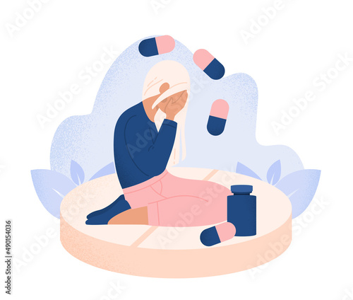 Depression and antidepressants concept. Young woman with mental and psychological problems sitting on large hormonal pill. Drug addiction. Treatment. Cartoon contemporary flat vector illustration