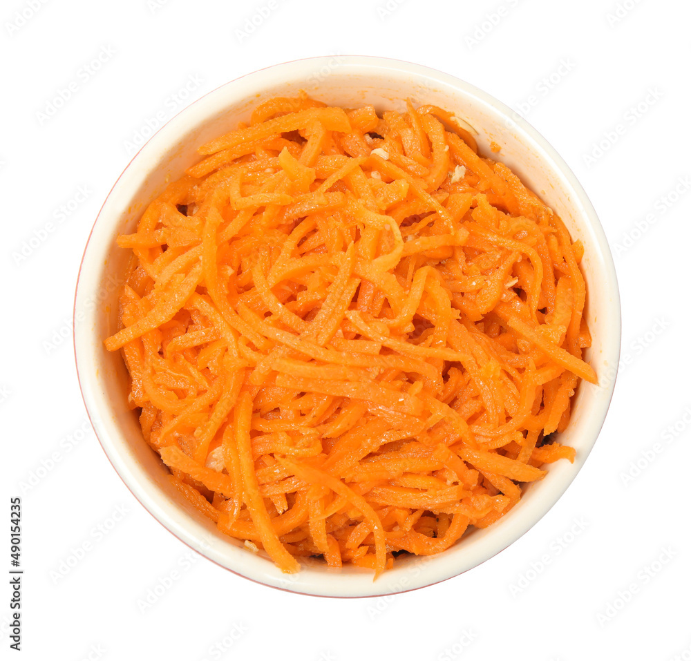 Delicious Korean carrot salad in bowl isolated on white, top view Delicious Korean carrot salad in bowl isolated on white, top view