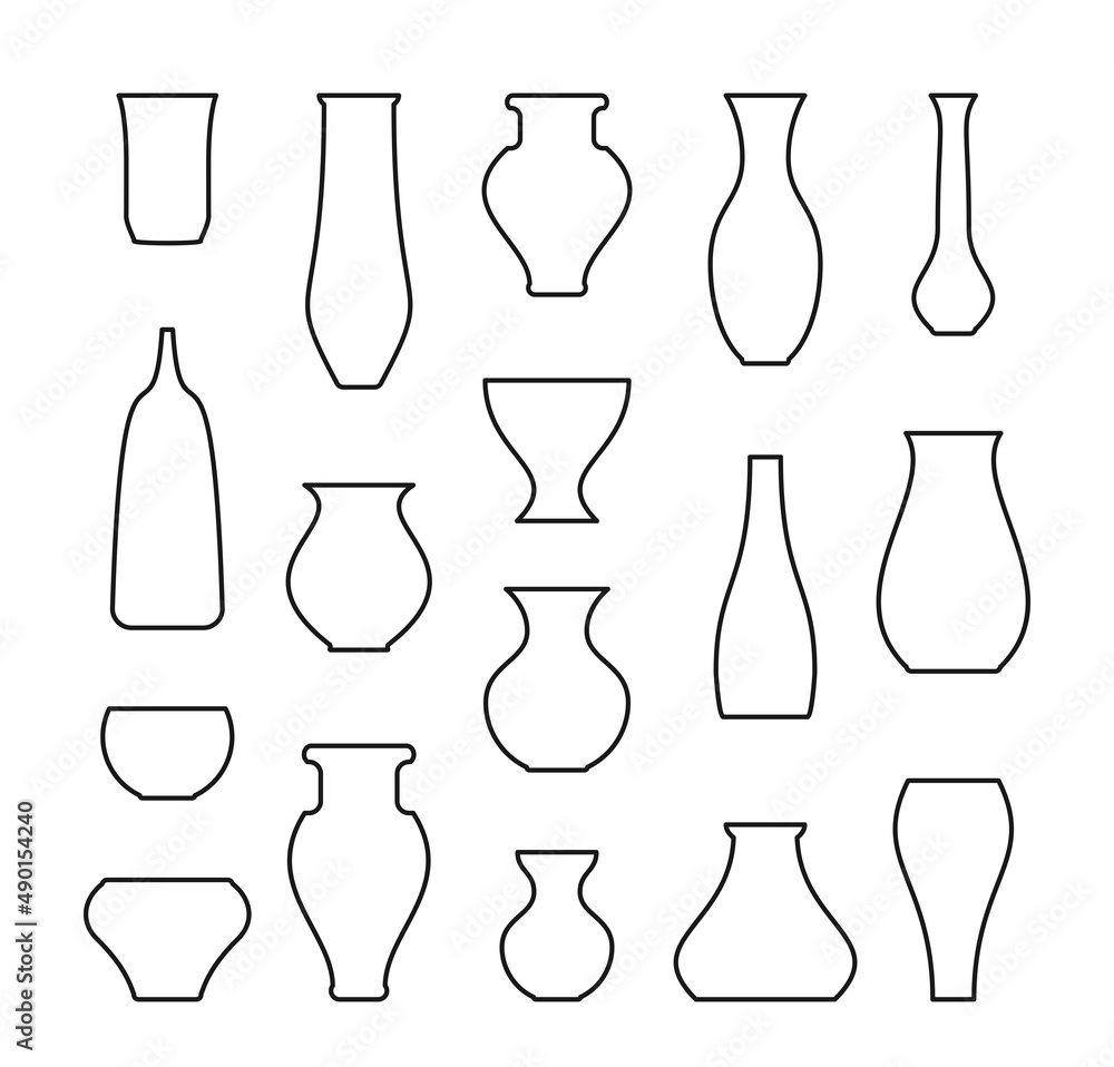 Vases icons set. Outline silhouettes of 17 different vases. Vases icons set. Outline silhouettes of 17 different vases.