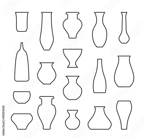 Vases icons set. Outline silhouettes of 17 different vases.
