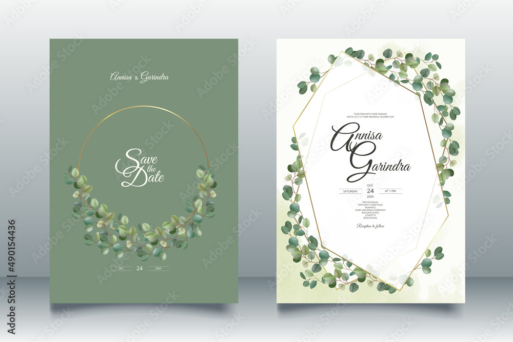 Obraz premium Elegant wedding card with beautiful eucalyptus leaves template premium vector Premium Vector