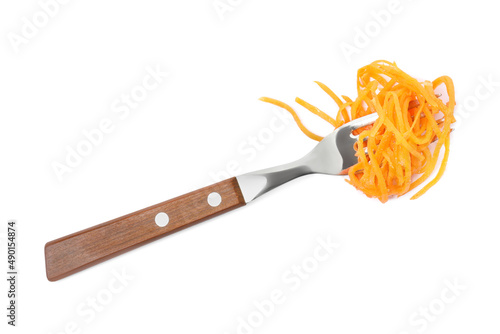 Fork with delicious Korean carrot salad on white background, top view photo