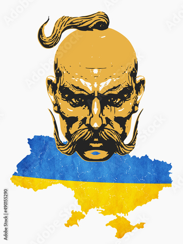 Ukrainian cossack and map of Ukraine, sovereign state, 3D rendering photo