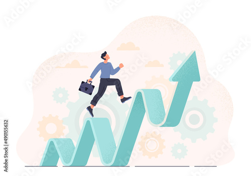 Career advancement abstract concept. Young Male entrepreneur with briefcase runs up wavy arrow. Promotion of company and growth of business income. Cartoon contemporary flat vector illustration