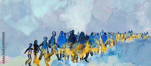 Fotografie, Obraz Stop War! Peace for Ukraine! Refugees concept. Watercolor.