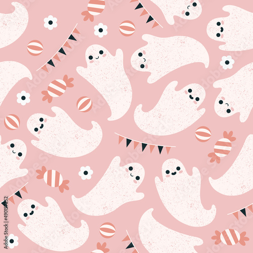 Pink ghost and candies seamless pattern. Cute style background. 