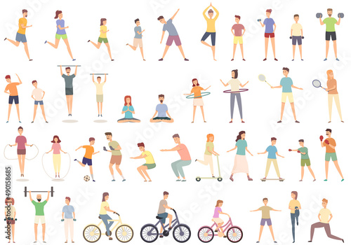 Family sport activity icons set cartoon vector. Home exercise. Sport workout