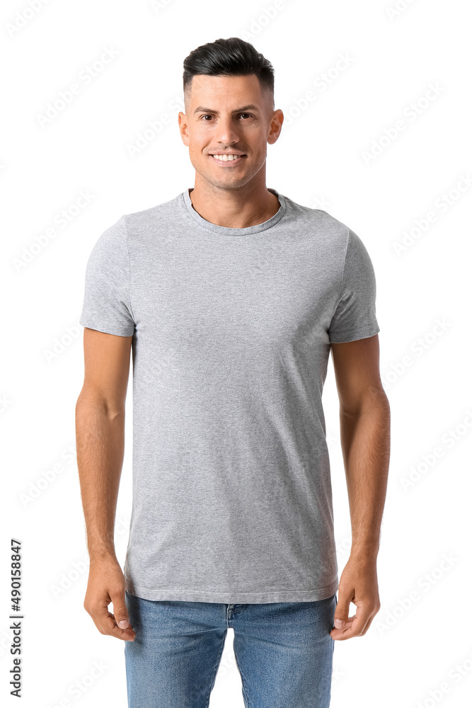 Handsome young man in stylish t-shirt isolated on white Handsome young man in stylish t-shirt isolated on white