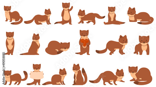 Weasel icons set cartoon vector. Ermine animal. Cute carnivore