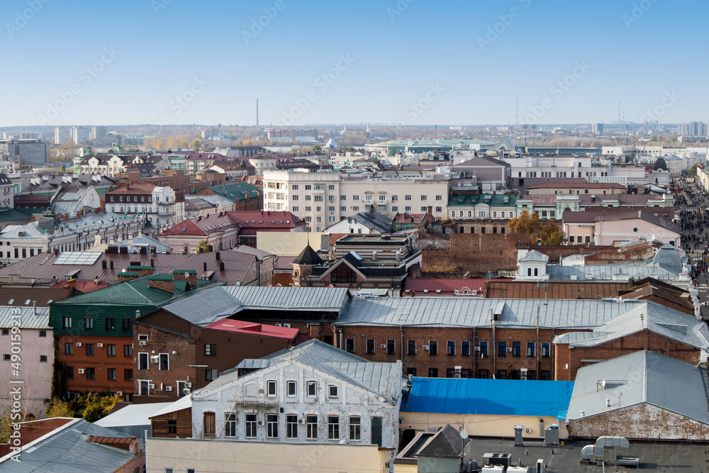 Yelets, Lipetsk region, Russia - June 17, 2021, View from the bell tower to the central part of the old merchant town, house and church