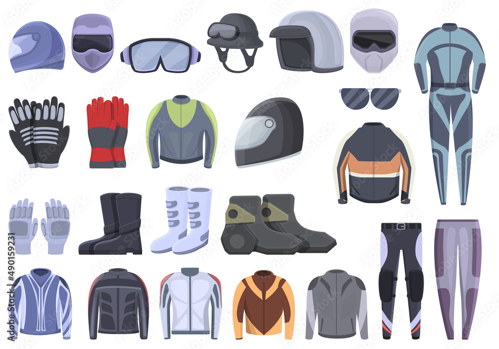 Biker clothes icons set cartoon vector. Motorcycle gear. Biker accessories Biker clothes icons set cartoon vector. Motorcycle gear. Biker accessories