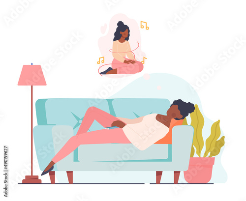 Sleep and dreams abstract concept. Young woman lies on soft sofa and dreams of music. Sound sleep, fantasy, desires and high melatonin. Relaxation and recovery. Cartoon flat vector illustration
