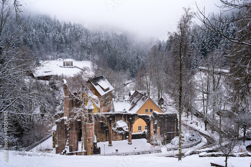 Beautiful snowy forest scenery on a foggy winter day