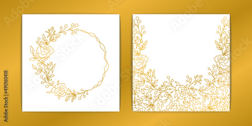 Floral frames, invitation template. Floral gold decor for greeting, wedding, invitations. Hand drawn illustration