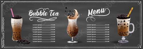 Bubble milk tea, Pearl milk tea , Different sorts of Boba. Yummy drinks. Ads with delicious tapioca.  Restaurant cafe menu, template design. Food flyer. Chalk board, retro menu restaurant poster. 