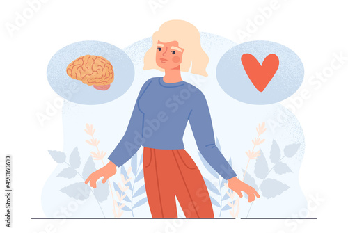 Love and positive emotions abstract concept. Balance between heart and brain. Young woman experiencing pleasant feelings. Metaphor of teamwork of mind and soul. Cartoon flat vector illustration