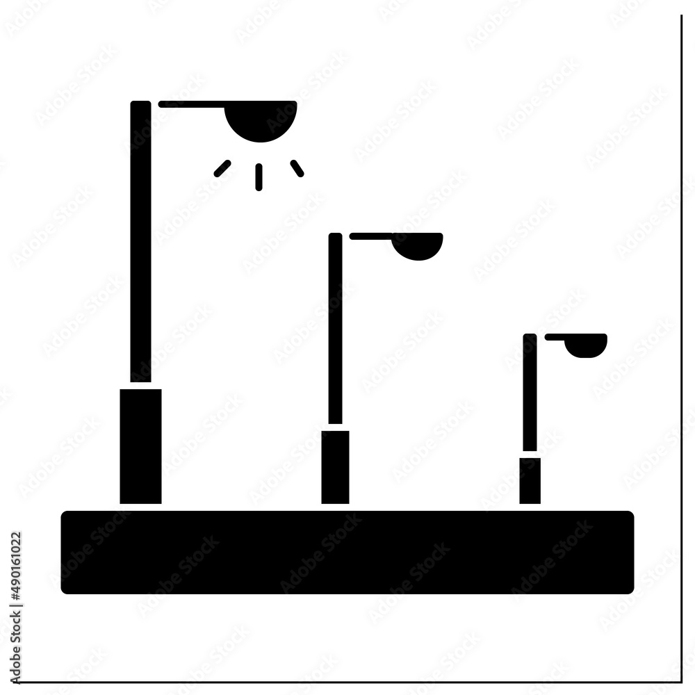 Street lightning glyph icon. Poles with a source of light on edge of road. Raise brightness of urban streets. Outline drawing. Electric system.Filled flat sign. Isolated silhouette vector illustration Street lightning glyph icon. Poles with a source of light on edge of road. Raise brightness of urban streets. Outline drawing. Electric system.Filled flat sign. Isolated silhouette vector illustration