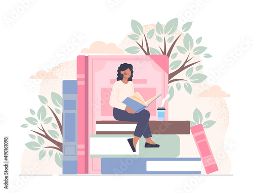 Exploring books and open education door to new knowledge. Young woman sitting on stack of books, reading literature and drinking hot coffee. Education and hobby. Cartoon flat vector illustration