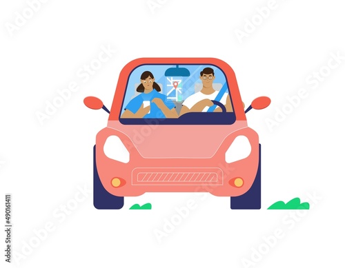 Family, young couple riding a car on a vacation trip. Man drives car, girl on passenger seat using smartphone for navigation. Isolated vector illustration in flat style