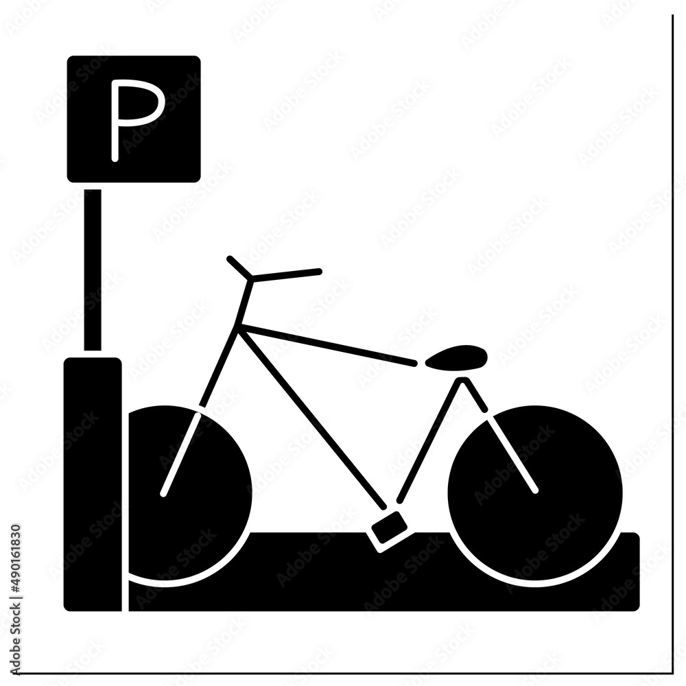 Bicycle parking rack glyph icon.Parking bicycles area. Device to which bicycles can be securely attached. Outline drawing. City infrastructure.Filled flat sign. Isolated silhouette vector illustration