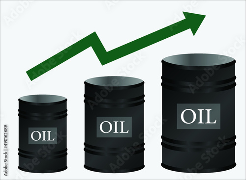oil prices, Three black metal oil barrels, Crude oil price concept. Profit . Price Hike. Crude oil barrel.
