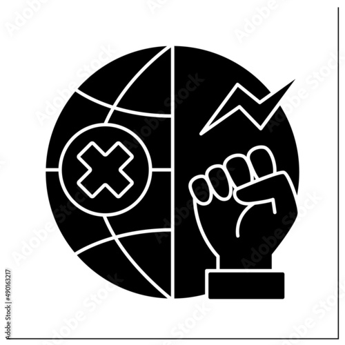 Anti globalism glyph icon. Rejects current global economic and trade system. Fight for equal rights in global market. Deglobalisation concept.Filled flat sign. Isolated silhouette vector illustration