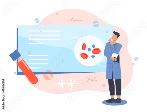 Medical prescription abstract concept. Young male doctor conducts medical blood tests and prescribes treatment. Pharmacy and consultation with therapist. Cartoon modern flat vector illustration