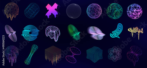 Memphis 3D universal geometric shapes with glitch, fluid effect. Retrofuturistic cyberpunk trendy elements for t-shirt, merch, flyers, posters. Vaporwave 3D abstract liquid shapes. Vector elements