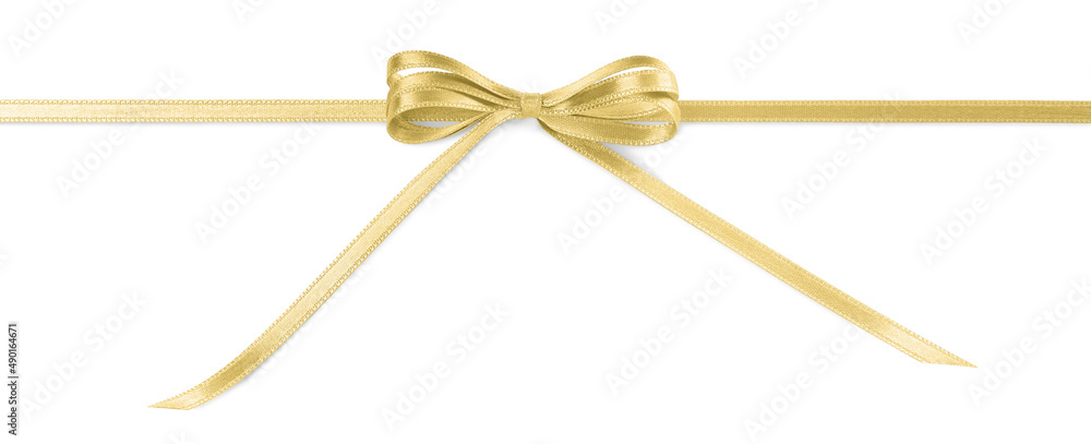 Golden satin ribbon with bow on white background, top view Golden satin ribbon with bow on white background, top view