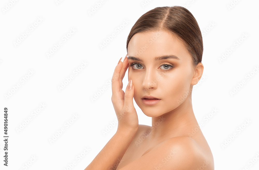 Portrait of attractive girl with healthy clean skin and beautiful make-up. Aesthetic cosmetology and makeup concept. Portrait of attractive girl with healthy clean skin and beautiful make-up. Aesthetic cosmetology and makeup concept.