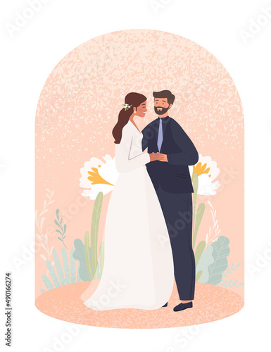 Newlywed couple of man and woman. Lovely bride in white dress and groom in black tuxedo. Romantic wedding ceremony. Young spouses love each other. Husband and wife. Cartoon flat vector illustration