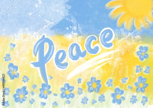 War in Ukraine with Russia. Postcards for peace , we don't want war. Posters depicting the symbols of Ukraine depicting peace and no war. Pencil drawing sun, blue and yellow wheat field. English text photo