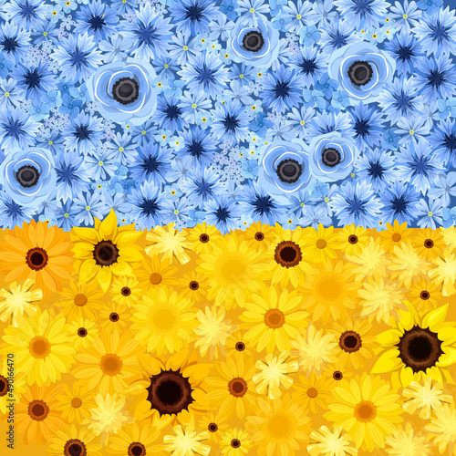 Flowers background in colors of Ukrainian flag. Vector blue and yellow background with sunflowers, gerbera, cornflowers, and other flowers