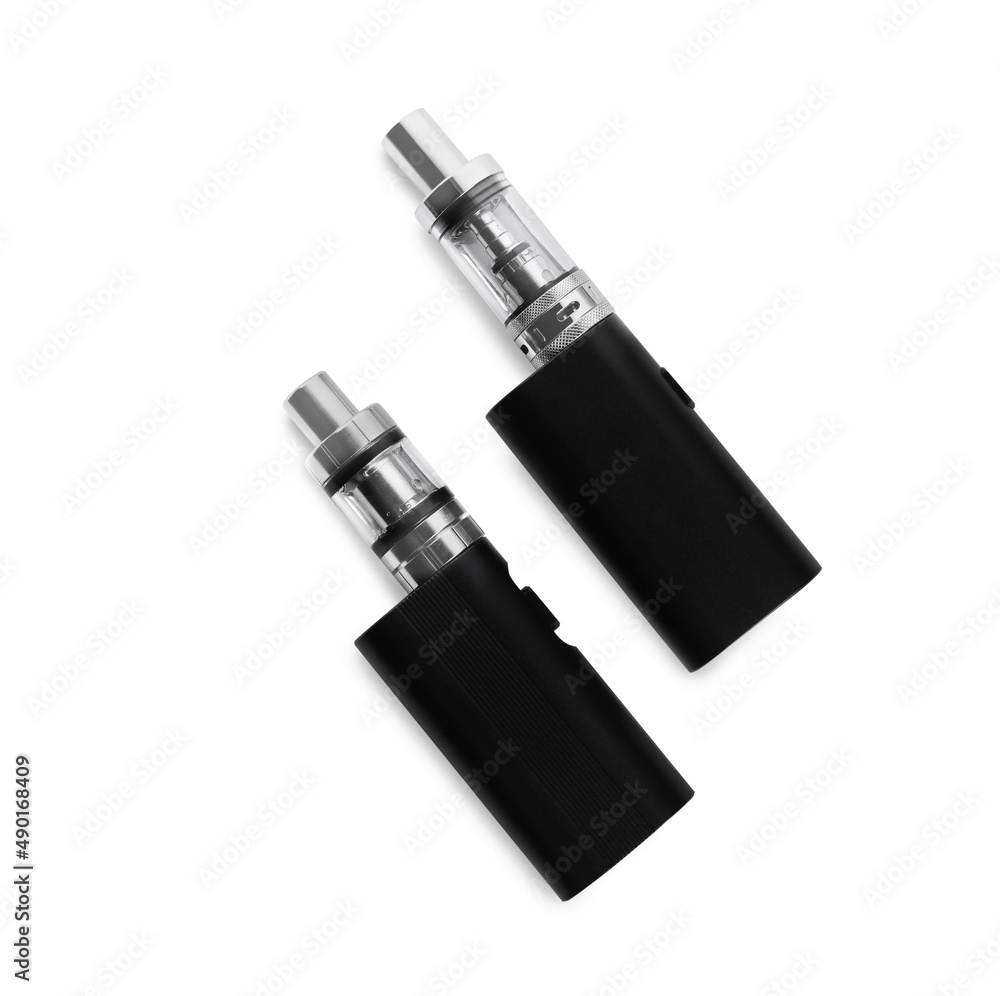 Electronic cigarettes on white background, top view Electronic cigarettes on white background, top view