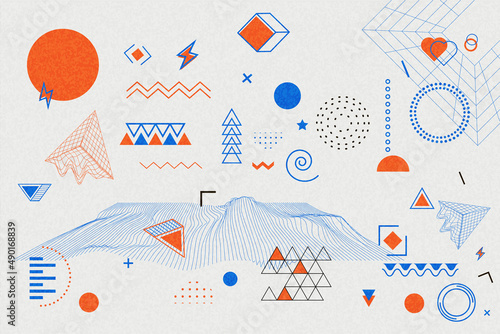 Abstract geometric shapes. Flat abstract wireframe background.  Circle and triangle, graphic 90s funky memphis ornaments, abstract design elements. Collection trendy halftone.