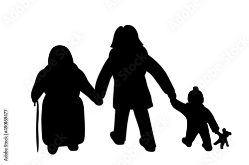 Flüchtlinge Frau mit Kleinkind und alte Frau, schwarz-weiß Silhouette, 
Vektor Illustration isoliert auf weißem Hintergrund
