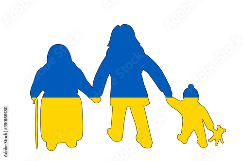 Flüchtlinge Frau mit Kleinkind und alte Frau, Silhouette in den Farben der Ukraine, 
Vektor Illustration isoliert auf weißem Hintergrund

