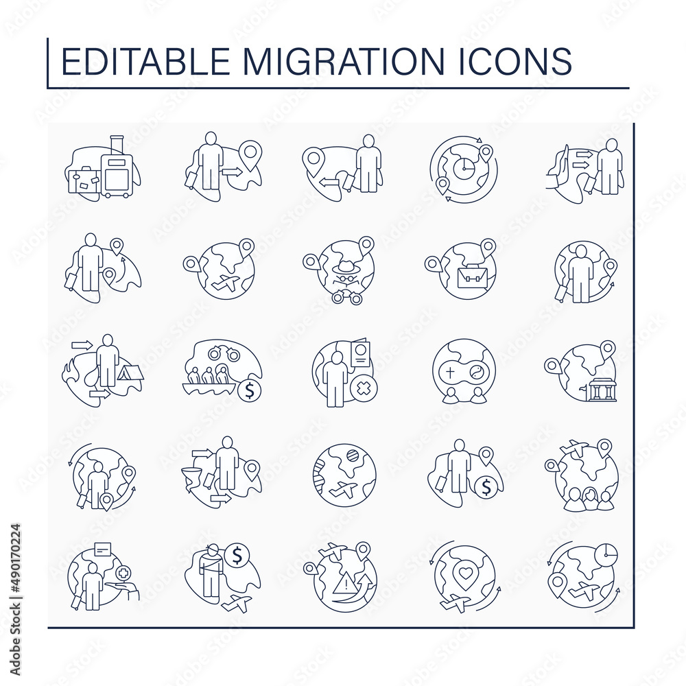 Migration line icons set. Moving people across borders. Seeking better life standards. Migration concept. Isolated vector illustrations. Editable stroke