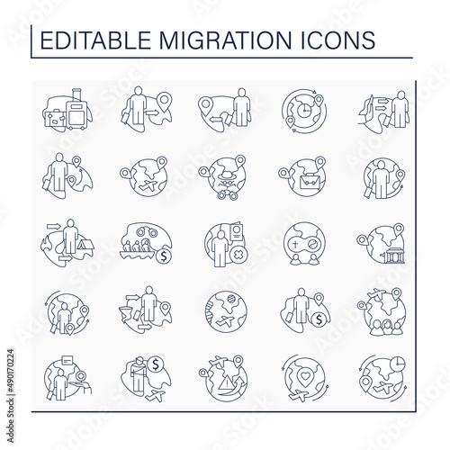 Migration line icons set. Moving people across borders. Seeking better life standards. Migration concept. Isolated vector illustrations. Editable stroke