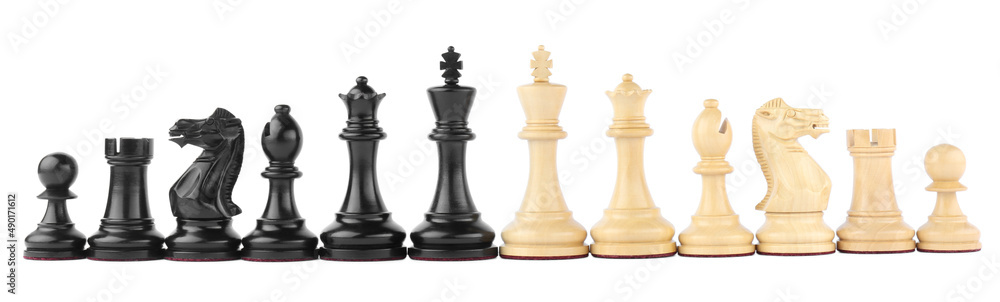 Row of different chess pieces on white background Row of different chess pieces on white background