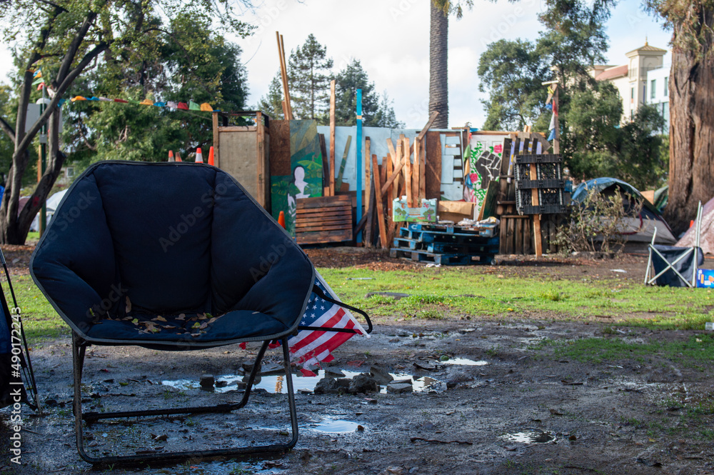 Homeless encampment at Peoples Park, a historic site of political activism - obrazy, fototapety, plakaty 