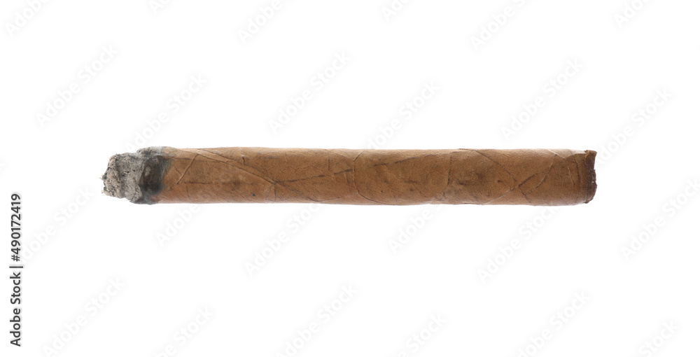 One brown cigar smoldering isolated on white One brown cigar smoldering isolated on white