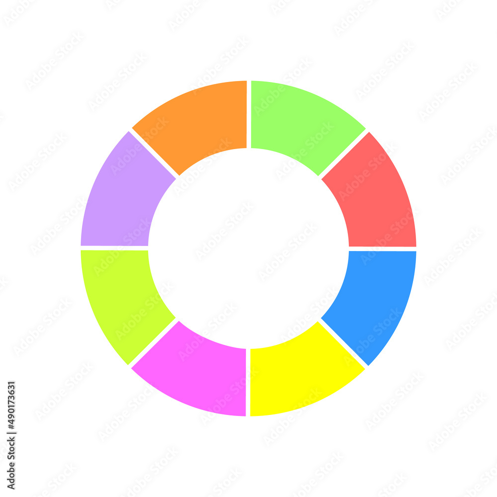 Donut chart. Colorful round diagram segmented in 8 sectors. Infographic wheel icon. Circle shape cut in eight equal parts isolated on white background. Vector flat illustration Donut chart. Colorful round diagram segmented in 8 sectors. Infographic wheel icon. Circle shape cut in eight equal parts isolated on white background. Vector flat illustration