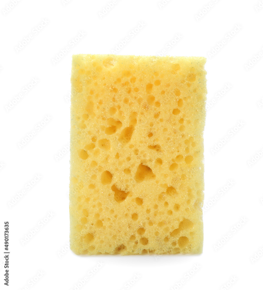 Yellow washing sponge isolated on white. Cleaning supplies