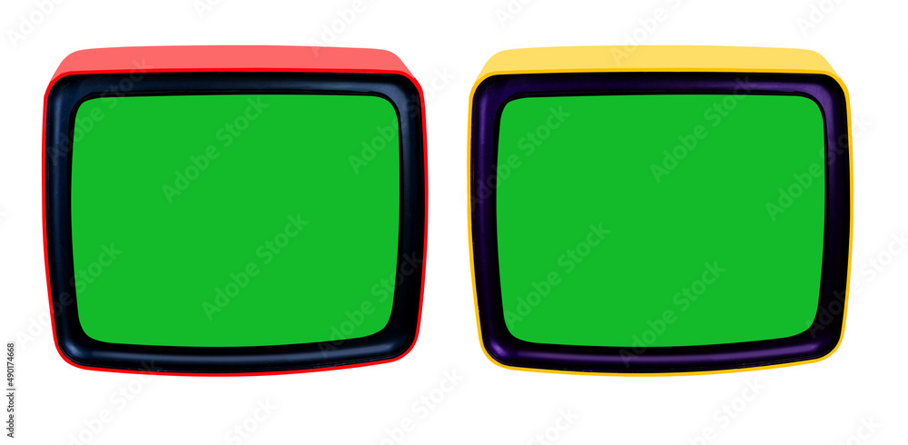 yellow, red, blue, pink old tube retro TV ca. 1975 with blank green screen  for designer, isolated white background, concept of house 1980s, mockup,  eternal values ​​on television, retro technologies Photos