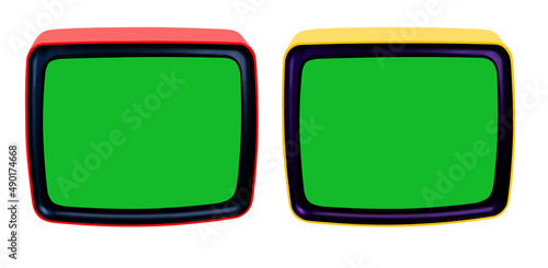 yellow, red, blue, pink old tube retro TV ca. 1975 with blank green screen for designer, isolated white background, concept of house 1980s, mockup, eternal values ​​on television, retro technologies